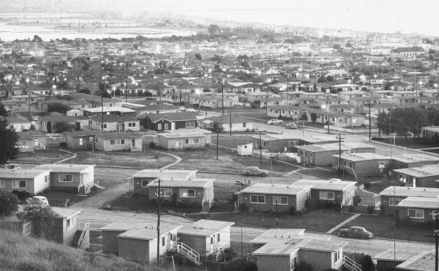 These "demountable" duplex bungalows in Los Altos Terrace, a Pacific Beach federal housing project, were similar to most of the units built in Azure Vista in Point Loma. (San Diego History Center)