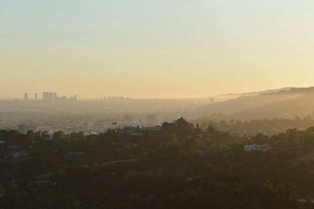 Smoggy view of Los Angeles at sunset.