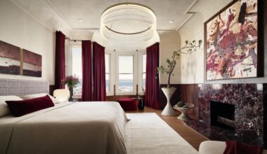 Castellanos Interiors of San Francisco designed the “Red Bedroom” featuring curtains from Healdsburg-based Sandra Jordan Prima Alpaca. (Jose Manuel Alondra)