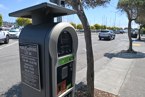 A pay station stands in a city parking lot off Bridgeway in Sausalito, Calif., on Tuesday, June 10, 2025. (Alan Dep/Marin Independent Journal)