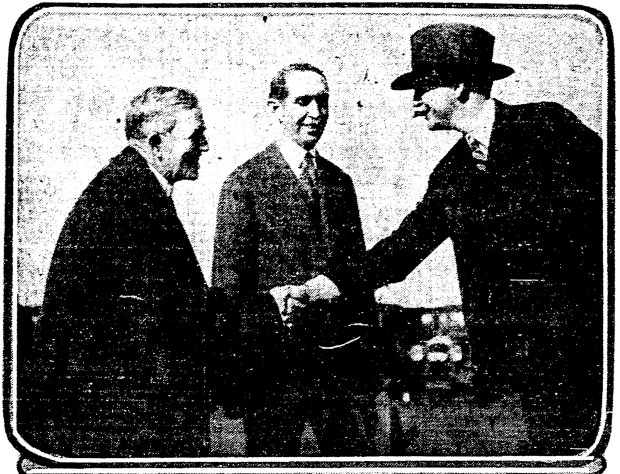 Author John Steven McGroarty and developers Jesse Shreve and John P. Mills attend the opening of Azure Vista in January 1927. (Ocean Beach Historical Society)