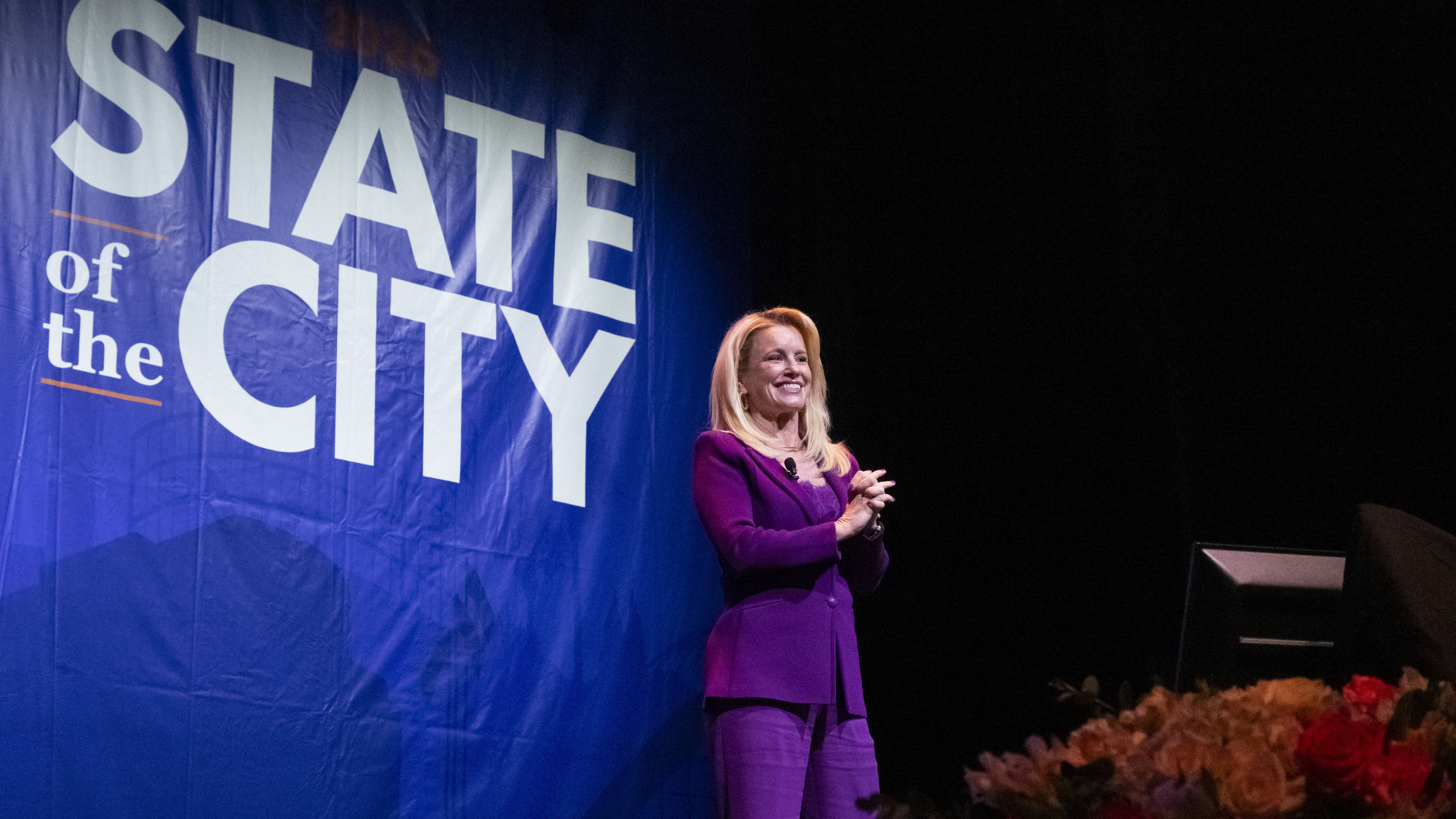 Anaheim Mayor Ashleigh Aitken addresses the audience during the State...