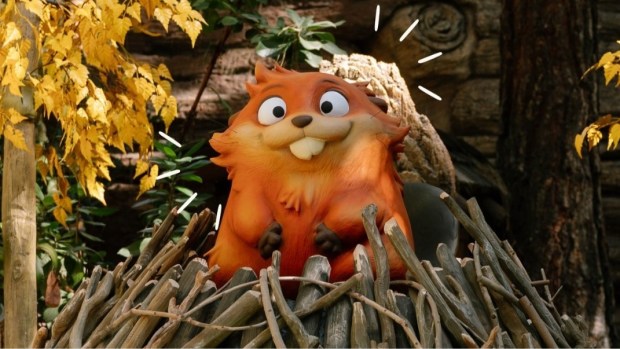 A Mabel figure atop a beaver dam from Mabel's Seek & Find treasure hunt in Redwood Creek Challenge Trail at Disney California Adventure. (Courtesy of Walt Disney Imagineering official Instagram account)