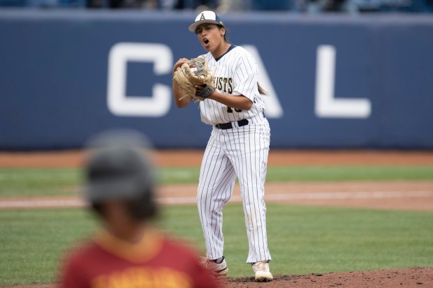 Anaheim's Jillian Albayati reacts after the team turns a double play during the CIF-SS Division 6 championship game against Estancia at Goodwin Field in Fullerton on Saturday, May 21, 2022. (Photo by Kyusung Gong/Contributing Photographer)