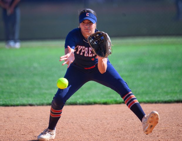 Cypress shortstop Tia Hernandez fields a grounder by Pacifica to throw out the runner at first in a Crestview League softball game in Garden Grove on Thursday, March 26, 2026. (Photo by Paul Rodriguez, Contributing Photographer)