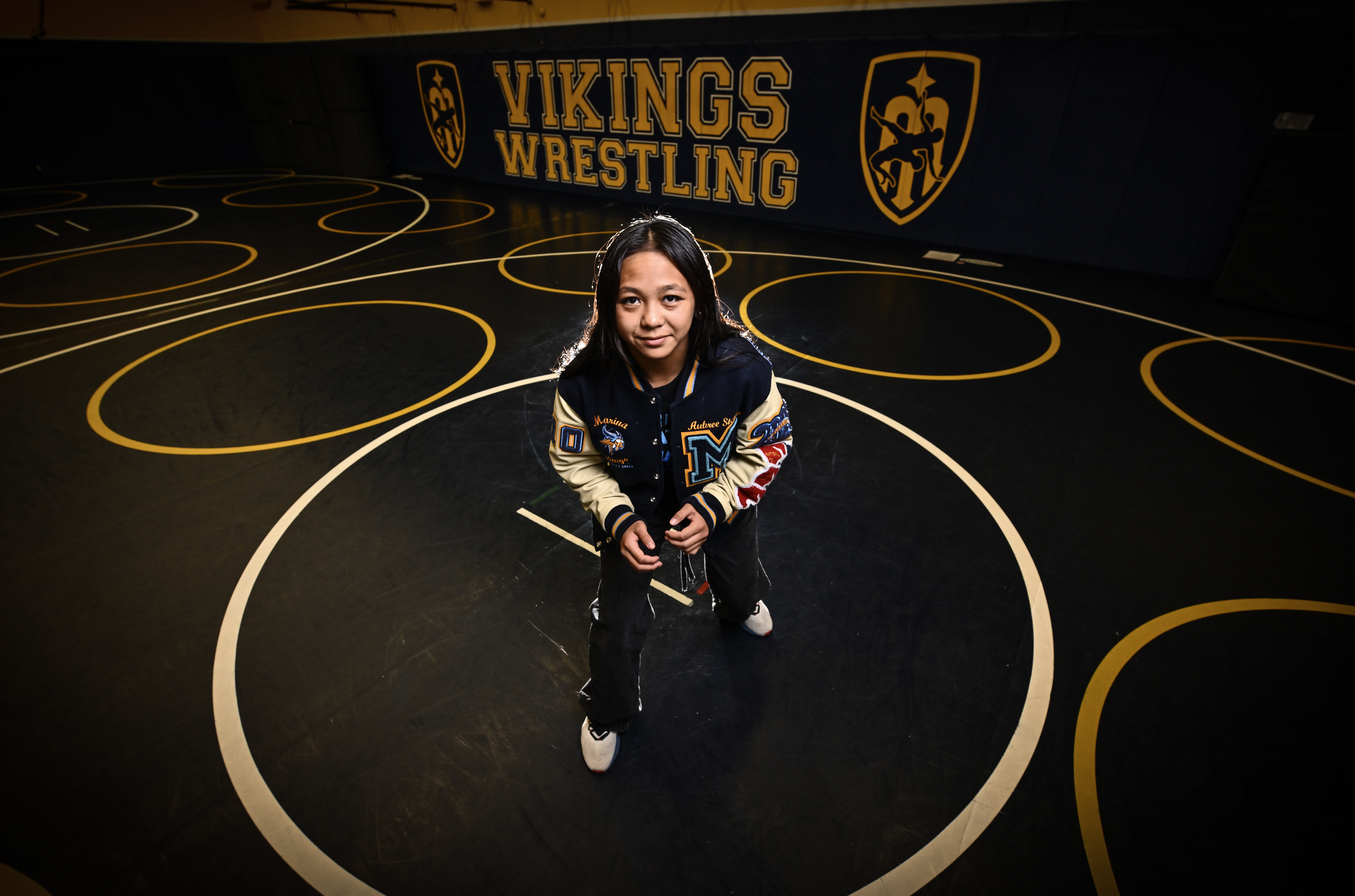 Marina High School sophomore wrestler Aubree Gutierrez in Huntington Beach,...