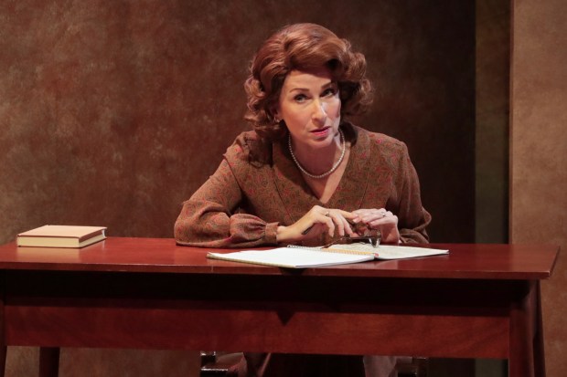 Juliet Fischer plays Georgia Gabor, a Holocaust survivor who tells her middle-school math students about the traumatic events in her life, in "The Messenger," playing through April 19 at Chance Theater in Anaheim. (Photo by Doug Catiller)