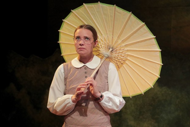 Megan Sigler portrays Gracie, a library researcher who uncovers a Nazi Party document, in "The Messenger," playing through April 19 at Chance Theater in Anaheim. (Photo by Doug Catiller)
