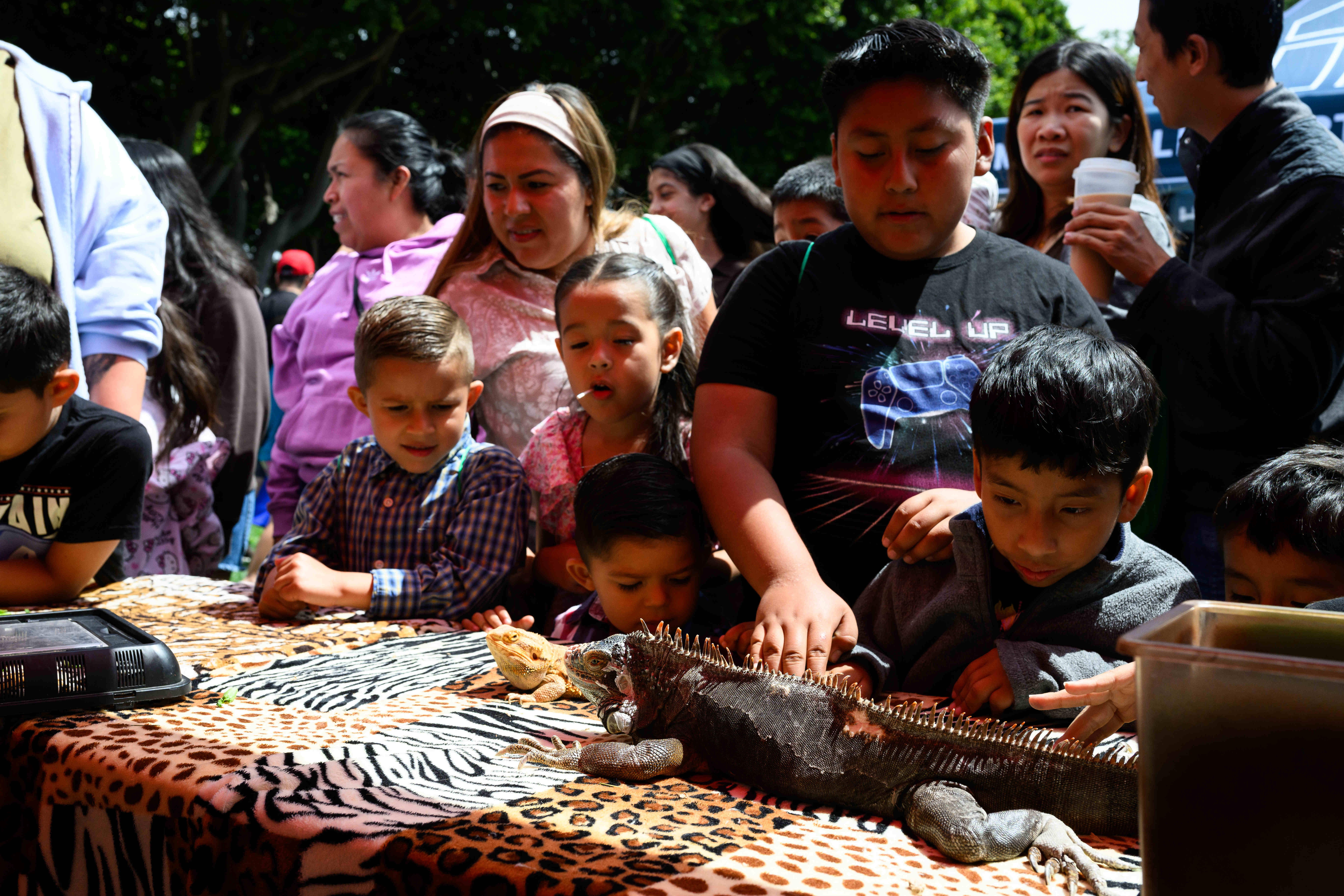 People pet an iguana at the Mobile Zoo of Southern...