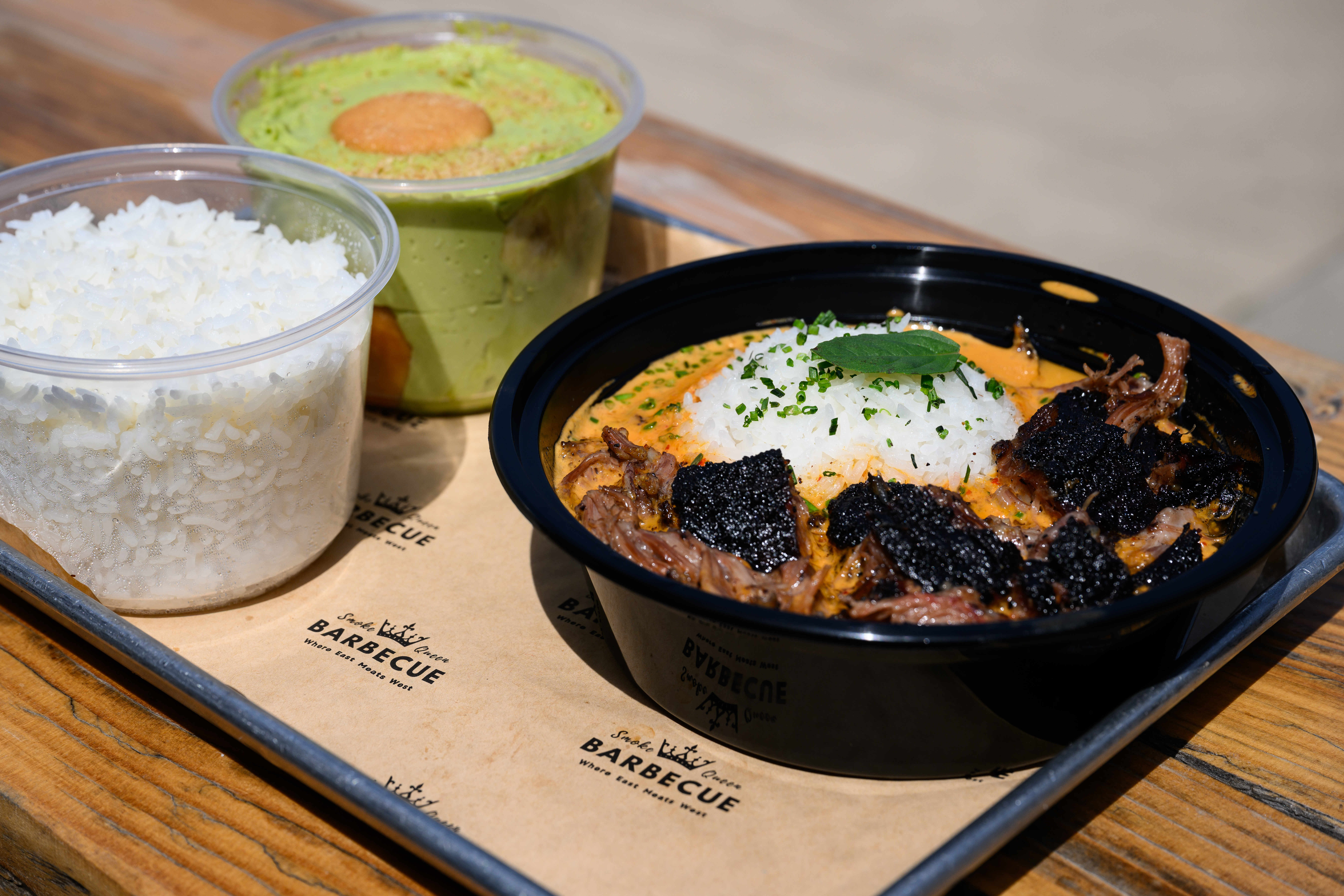 Pandana pudding, coconut rice and panang curry at Smoke Queen...