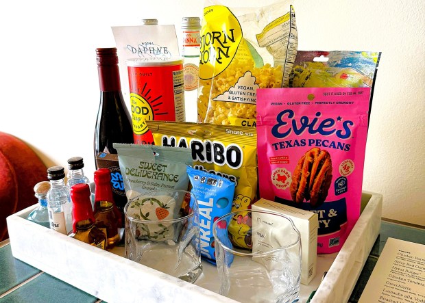 Guests staying at Houston's Hotel Daphne find a local choice of Evie's pecan snacks at the mini-bar. (Courtesy of Evie's Snacks)