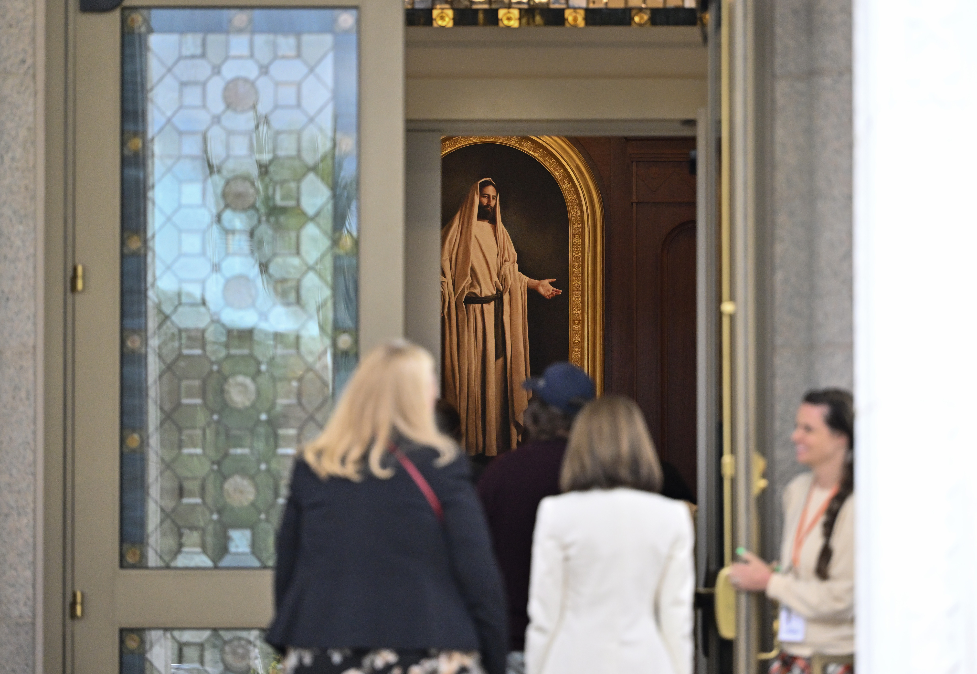 Visitors enter the new Yorba Linda California Temple of the...