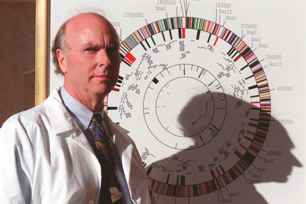 FILE - J. Craig Venter poses before a gene map of a flu-causing bacterium at his office in Rockville, Md., March 12, 1997. (AP Photo/Ruth Fremson, File)
