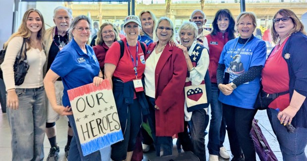 Members of the Rincon del Diablo Chapter of DAR were joined by family and friends to welcome Honor Flight veterans home on April 27, 2025 at San Diego International Airport. (Jennifer Halter)