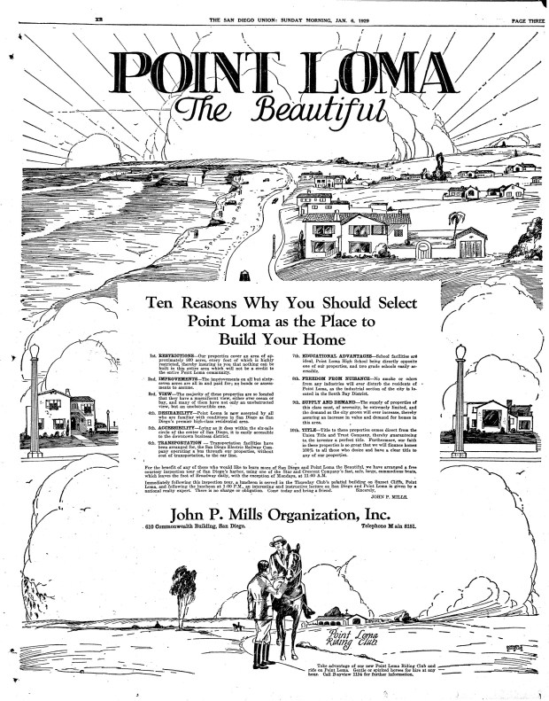 The John P. Mills Organization took out a full-page ad for its Point Loma subdivisions in the San Diego Union on Jan. 6, 1929. (Ocean Beach Historical Society)