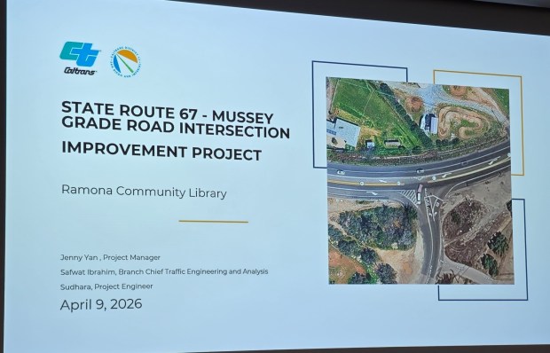 Caltrans gave a presentation on the state Route 67 - Mussey Grade Road intersection improvement project on April 9 at the Ramona Community Library. (Julie Gallant)