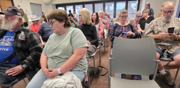 About 200 attendees listened to a presentation and asked questions about potential Mussey Grade improvements during an April 9 Caltrans meeting in Ramona. (Julie Gallant)