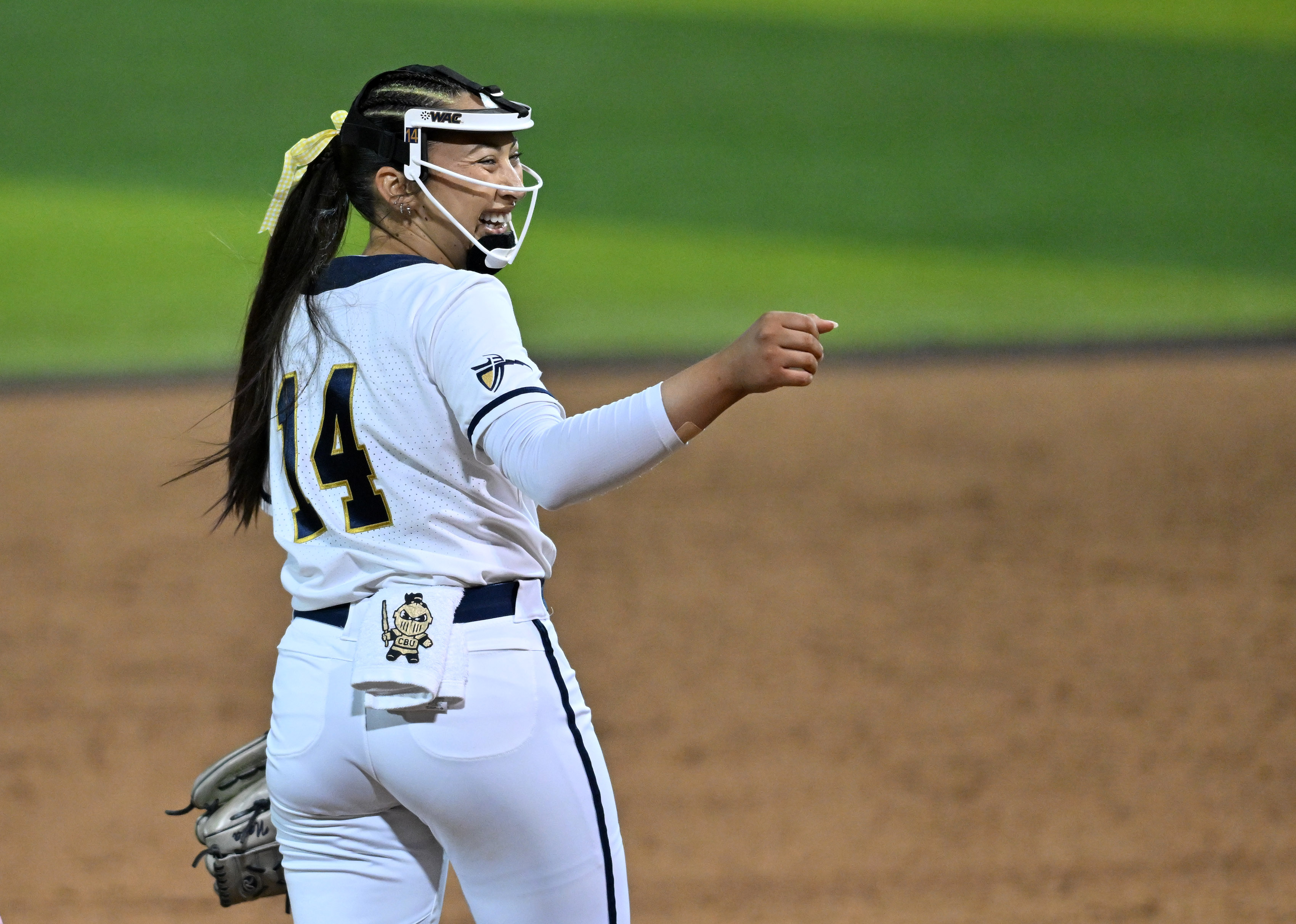 California Baptist University’s pitcher Miranda De Nava reacts after winning...