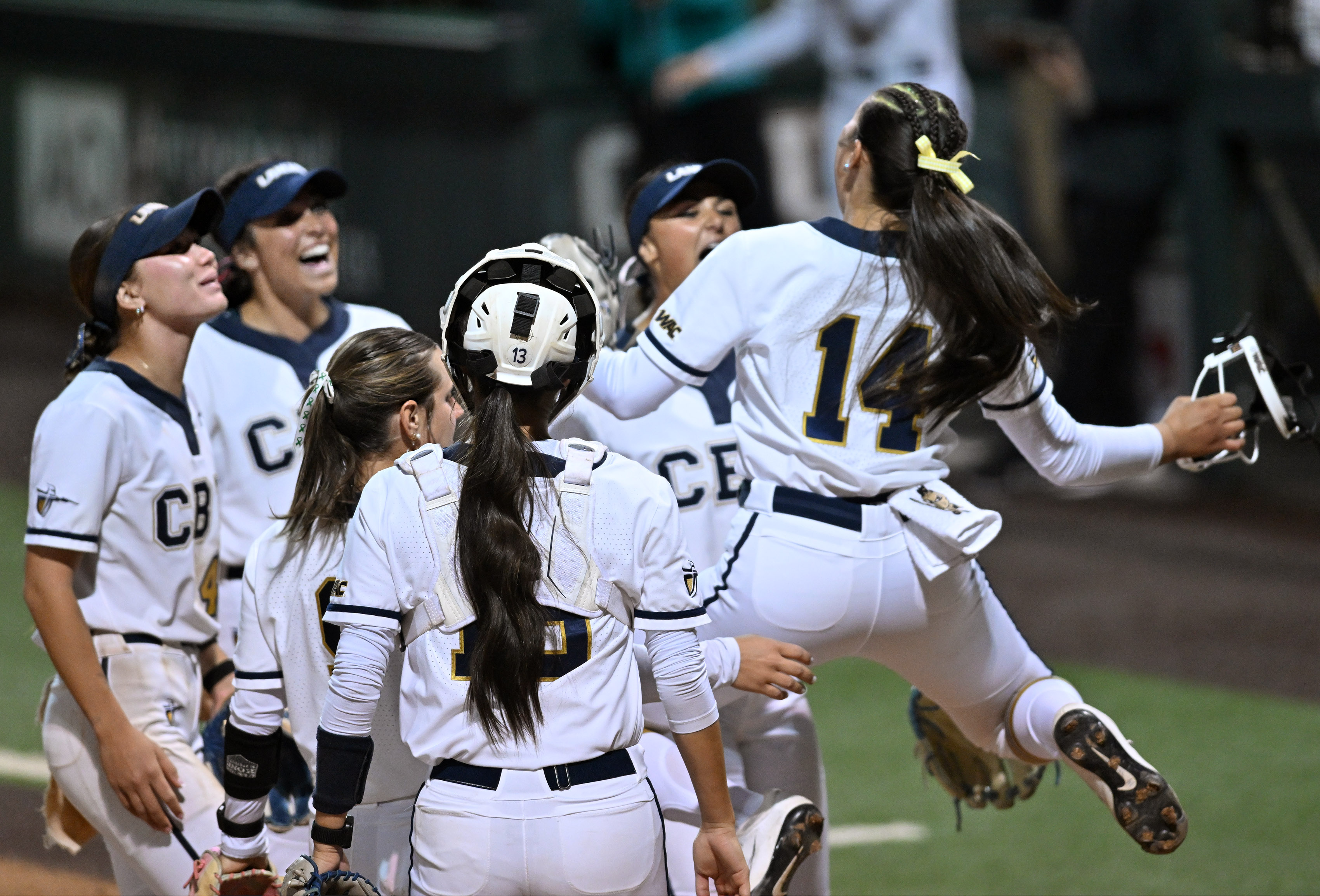 California Baptist University’s pitcher Miranda De Nava (#14) celebrates with...