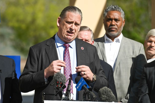 State Sen. Tony Strickland, R-Huntington Beach, speaks Monday, March 2, 2026, at the Riverside County Registrar of Voters during a news conference featuring backers of a voter ID measure targeted for the November 2206 ballot. (Photo by Anjali Sharif-Paul, The Sun/SCNG)