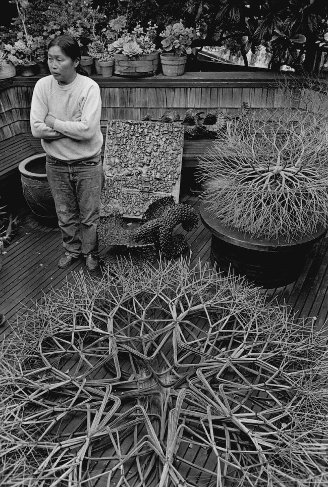 A black and white photo of the artist Ruth Asawa, standing on an outdoor deck with two geometric sculptures made of tree branches