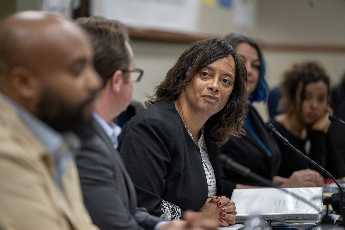 Interim Superintendent Cancy McArn listens during a Sacramento City Unified School District board meeting in February. 