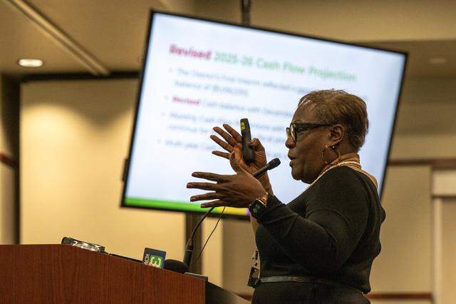 Sacramento City Unified Interim financial officer Lisa Grant-Dawson provides a fiscal solvency plan update during a board meeting on Thursday, Feb. 5, 2026, at the Serna Center in Sacramento.