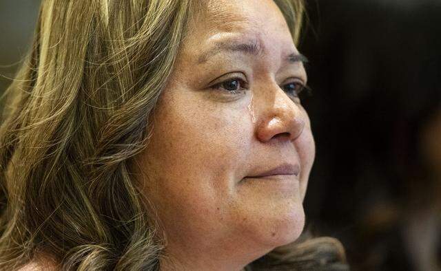 Maria de Jesus Estrada Juarez sheds a tear as she recalls being separated from her daughter, Damaris Bello, as she speaks at a news conference with Bello at Sacramento City Hall on Tuesday, March 31, 2026.
