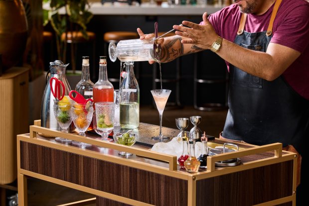 A martini bar cart is a highlight of the cocktail program at Causwells, set to open in Menlo Park April 2. (Courtesy Hardy Wilson)