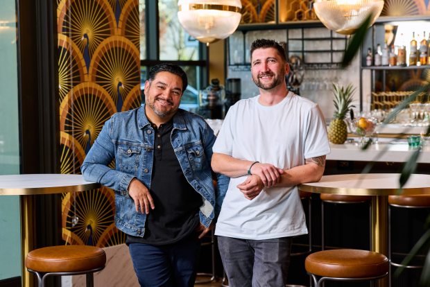 Elmer Mejicanos and Adam Rosenblum stand inside their forthcoming Menlo Park location of Causwells, set to open April 2. (Courtesy Hardy Wilson)