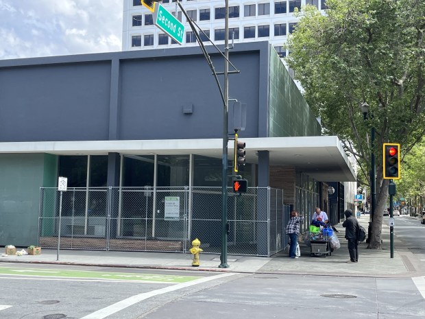 96 North Second Street, an office and commercial building in downtown San Jose, with the entry area fenced off, as seen on April 9, 2026.(George Avalos/Bay Area News Group)