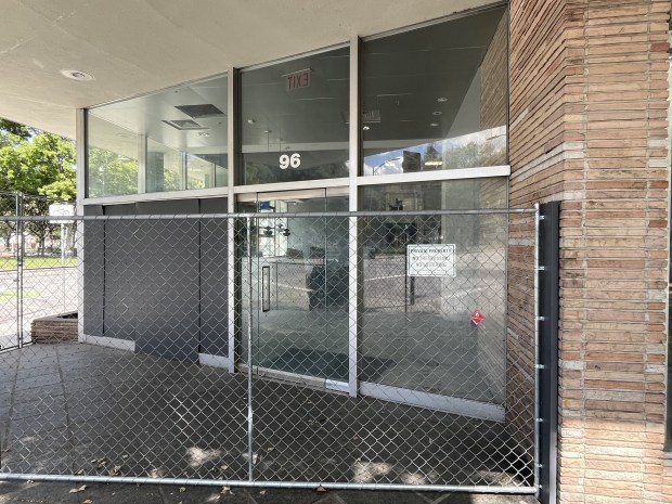 Fenced-off entry area of 96 North Second Street, an office and commercial building in downtown San Jose, seen on April 9, 2026.(George Avalos/Bay Area News Group)