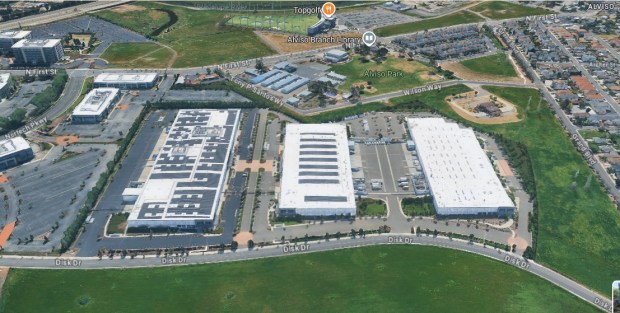 Three large industrial and warehouse buildings on Disk Drive in the Alviso district of north San Jose.(Google Maps)