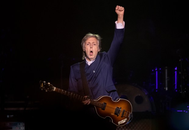 Paul McCartney greets his fans as he takes the stage at the Oakland Arena, Friday, May 6, 2022, in Oakland, Calif. (Karl Mondon/Bay Area News Group)