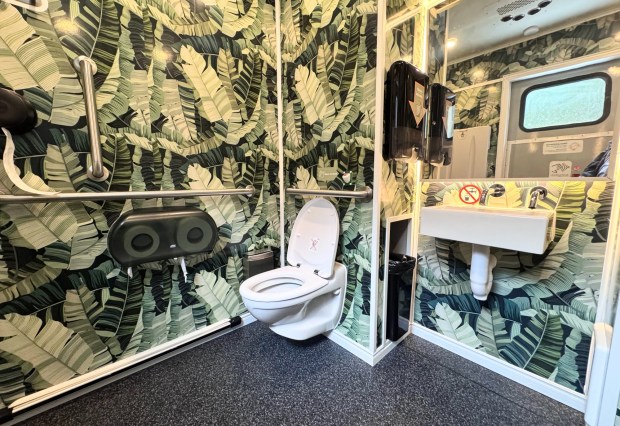 The interior of a Throne portable restroom, photographed Friday, April 10, 2026, that has been placed in the Guadalupe River Park's Arena Green West. (Sal Pizarro/Bay Area News Group)