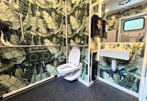 The interior of a Throne portable restroom, photographed Friday, April 10, 2026, that has been placed in the Guadalupe River Park's Arena Green West. (Sal Pizarro/Bay Area News Group)