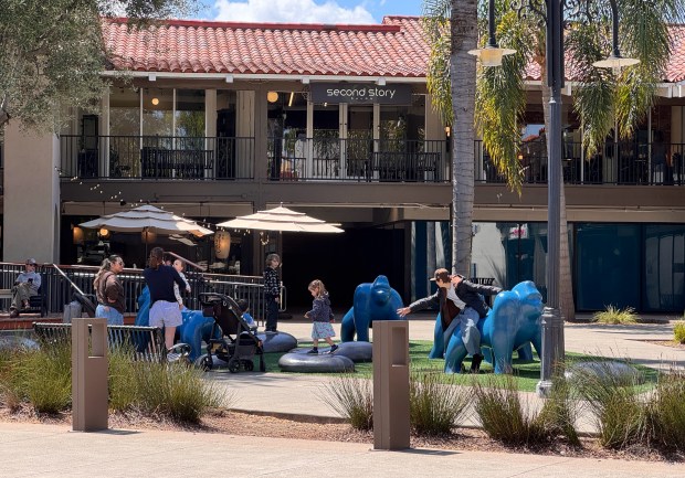 Parents watch their kids play in a children's zone at Pruneyard Shopping Center in Campbell. The play area is close to a roadway between the shopping center's front and year parking lots that Pruneyard says it will reopen to traffic May 1, 2026. (Sal Pizarro/Bay Area News Group)