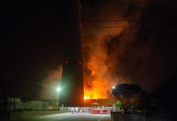 A fire rages out of control at the Vistra battery storage plant, one of the world's largest, in Moss Landing, Calif., on Thursday, Jan. 16, 2025. (Doug Duran/Bay Area News Group)