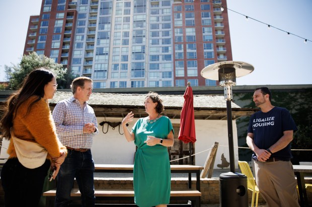Democratic gubernatorial candidate Katie Porter meets with a group of local YIMBY advocates to discuss housing issues at San Pedro Square Market in downtown San Jose, Thursday, April 2, 2026. (Dai Sugano/Bay Area News Group)