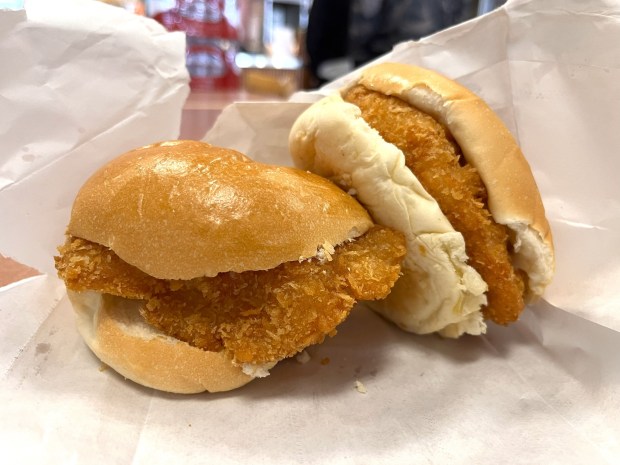 A fish sandwich and a chicken sandwich are shown in April 2026 at Chinese Bakery & Deli in San Leandro, Calif. (John Metcalfe/Bay Area News Group)