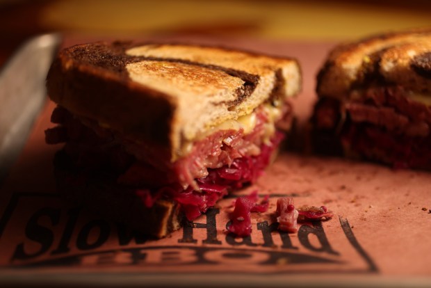 The smoked corned-beef Reuben sandwich at Slow Hand BBQ on Tuesday, April 14, 2026, in Martinez, Calif. (Aric Crabb/Bay Area News Group)