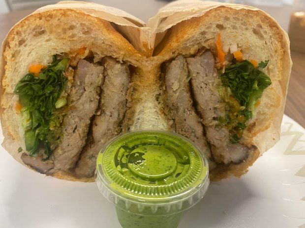 The Medallion Banh Mi, with pork lemongrass patties and cilantro aioli, is among the most popular orders at Mommy's Banh Mi in downtown San Jose (Bay Area News Group)