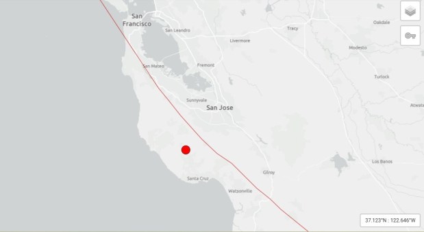 U.S. Geological Survey map of an earthquake in Santa Cruz County on April 2, 2026. The long line near the epicenter is the San Andreas Fault.(USGS)