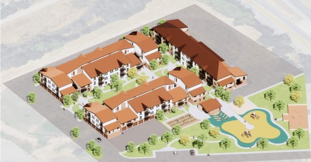 Birds-eye view of a workforce housing development at 2050 Kammerer Avenue in east San Jose, concept.(Steinberg Hart)