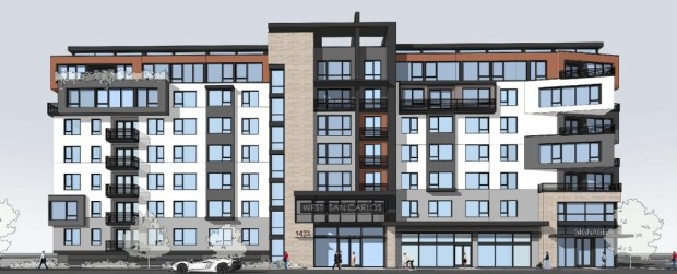 Street-level view of an apartment complex at 1470 West San Carlos Street near South Willard Avenue in San Jose, concept image.(LPMD Architects)