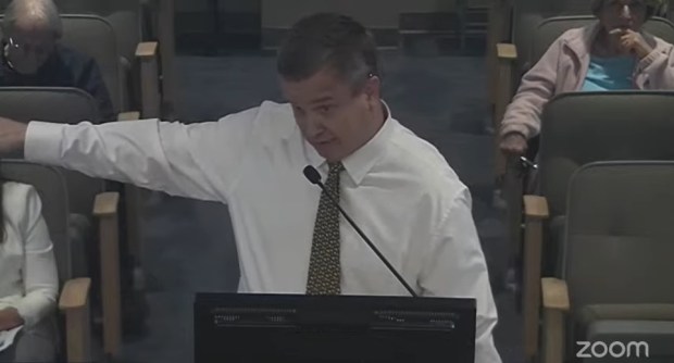Brian Swanson, a San Ramon resident who opposes the Orchards neighborhood in the municipality's downtown, speaks during a City Council hearing regarding the project, April 7, 2026.(San Ramon City Council)
