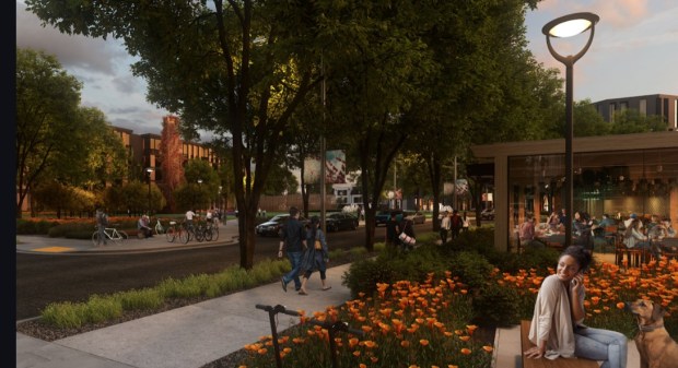 Orchards, a 144-acre neighborhood of homes, shops, restaurants and open spaces near the interchange of Interstate 680 and Bollinger Canyon Road in downtown San Ramon, evening view, concept.(Sunset Development)