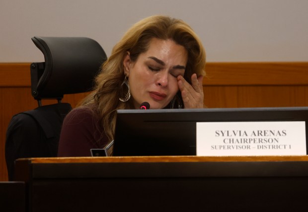 Santa Clara County Supervisor Sylvia Arenas cries during a Children and Families committee meeting at the Santa Clara County Building in San Jose, Calif., on Thursday, April 23, 2026. (Nhat V. Meyer/Bay Area News Group)