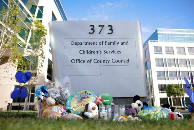 A memorial for baby Jaxon Juarez outside of the Department of Family and Children's Services in San Jose, Calif., on Thursday, April 23, 2026. (Nhat V. Meyer/Bay Area News Group)