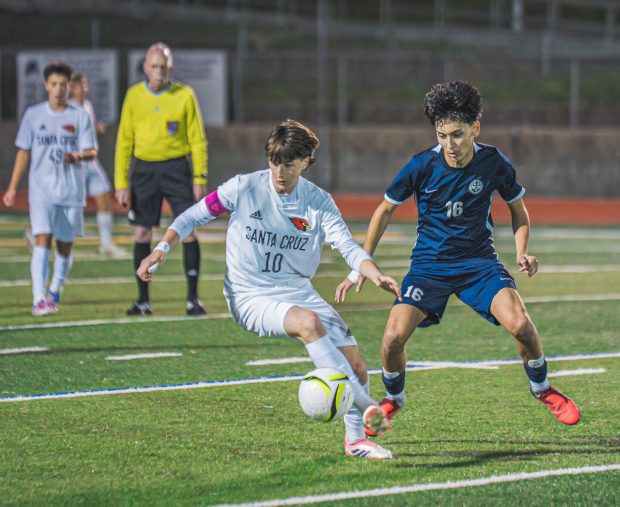 Over the past two seasons, Santa Cruz High's Cutler Bauscher, left, totaled 19 goals and 32 assists for the Cardinals. (Juan Flores - Special to the Sentinel)